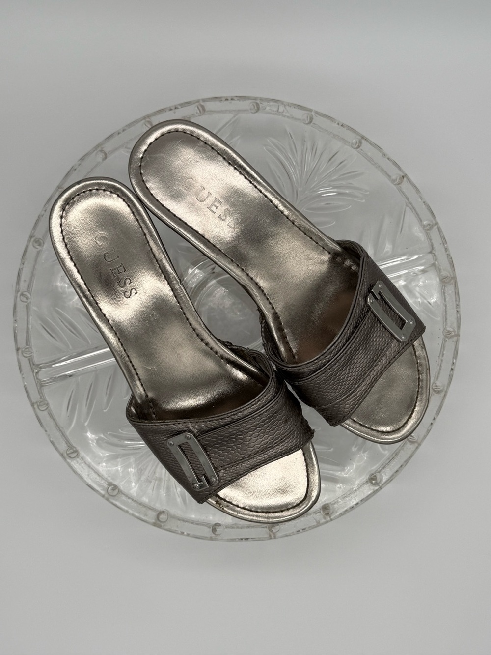 GUESS Metallic Pewter Slide Mules with Buckle Accent